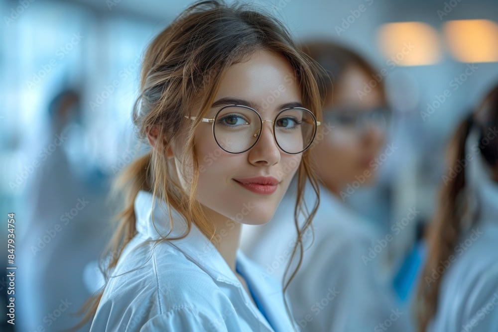 a young woman scientist wearing white coat and glasses in modern Medical Science Laboratory with Team of Specialists on background a young woman scientist wearing white coat and glasses in modern Medical Science Laboratory with Team of Specialists on background