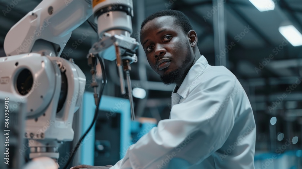 American engineer working on automatic robot arm machine in factory Automated robots in smart factories