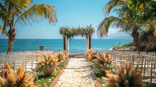 Tropical beach wedding venue featuring a floral arch and white chairs arranged under palm trees with a view of the azure ocean