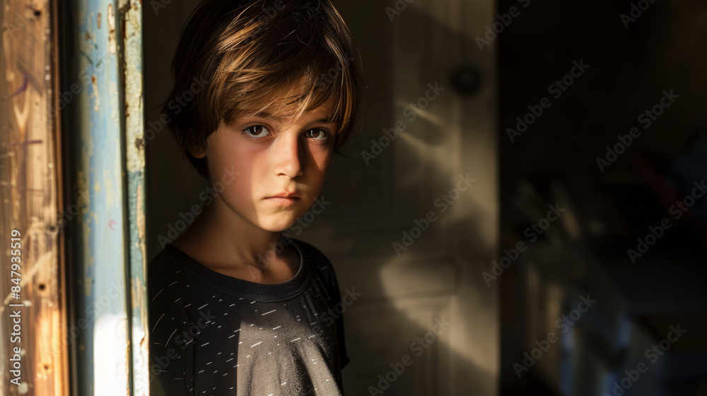 Serious preteen standing in shadowy doorway. Thoughtful expression.