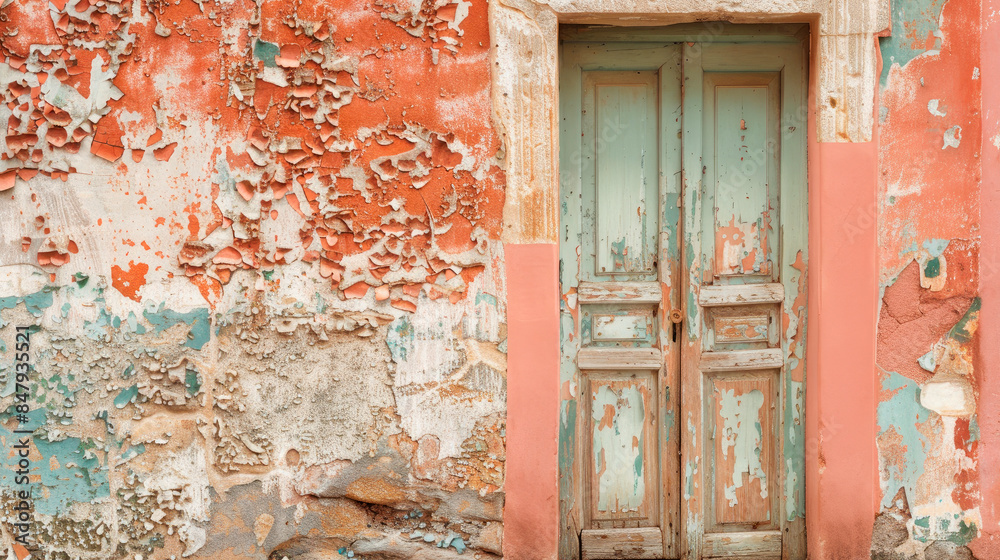 Vintage front door and a weathered wall with peeled paint.