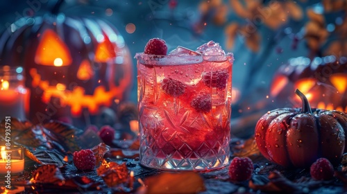 Sparkling halloween cocktail standing on table with candles and pumpkins