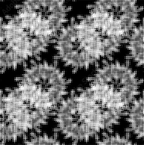 Perforated halftone seamless pattern of rotating mandalas with overlap and offset. Transparent background. Vector.