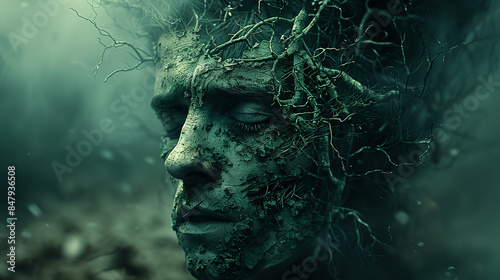 Surreal human face intertwined with tree branches © amixstudio