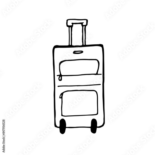 Vector isolated illustration of travel baggage. Drawn suitcase on wheels with handle. Black and white doodle illustration of travel item.