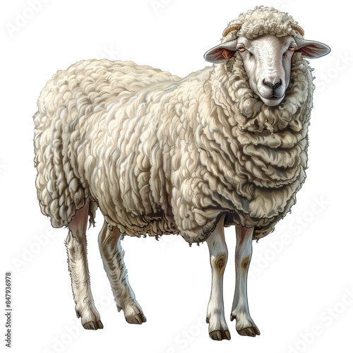 A white sheep with thick wool stands facing the camera. It has a soft, gentle expression. Isolated on a black background.