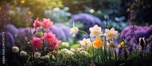 Many flowers in the garden. Creative banner. Copyspace image