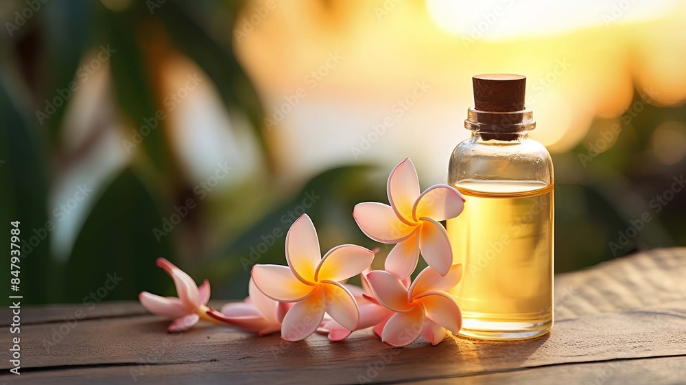 Plumeria essential oil in bottles. selective focus. Generative AI, Plumeria essential oil in bottles. selective focus. Generative AI,