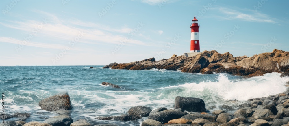 rocky coast and lighthouse against clear sea. Creative banner. Copyspace image