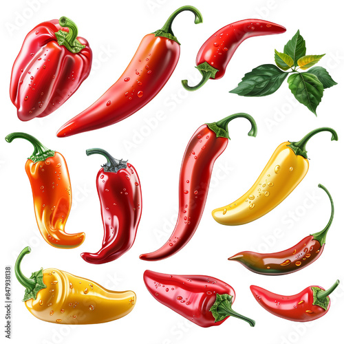 A vibrant collection of red and yellow chili peppers with water droplets, perfect for culinary or spicy themes.