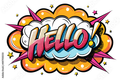 comic cloud text hello! cartoon poster with bubbles, sound effects and text with some bright colors.