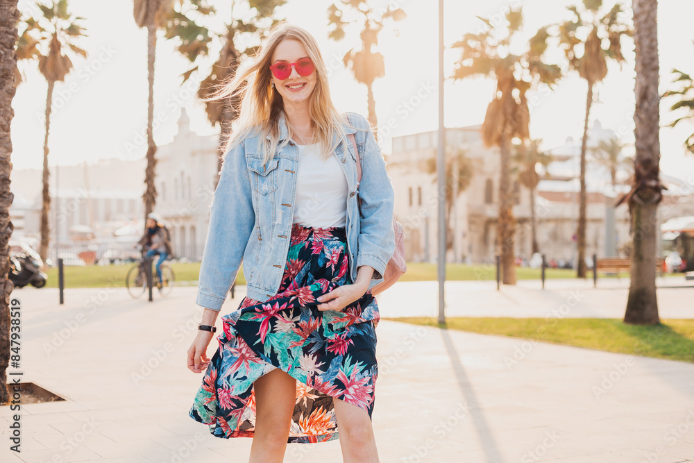 pretty smiling woman walking in city street pretty smiling woman walking in city street