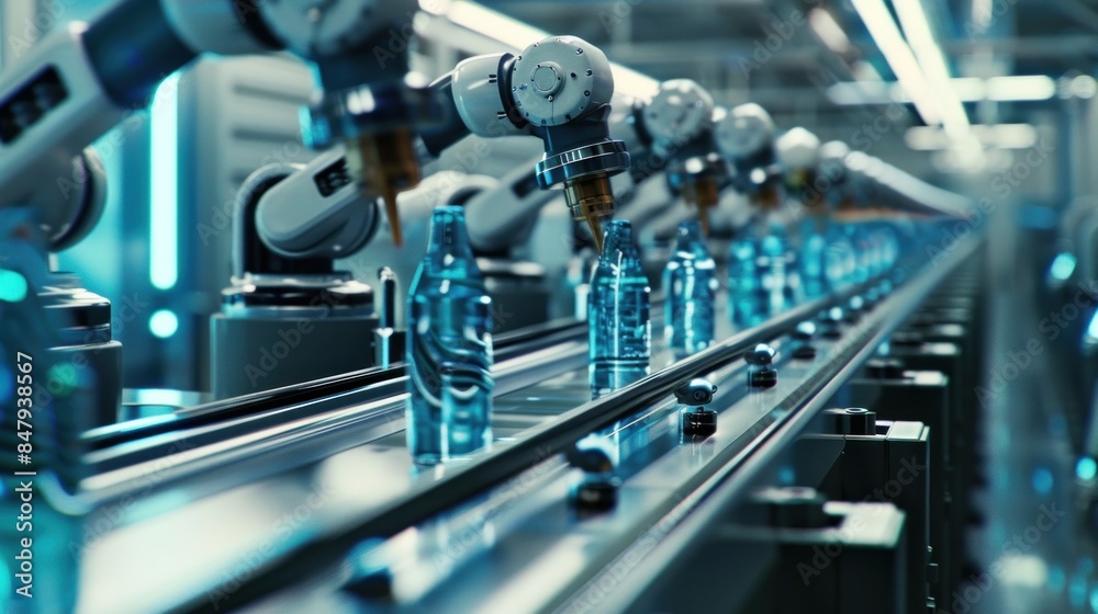 Image of a digitally created water production line with a robot arm. Image of a digitally created water production line with a robot arm.
