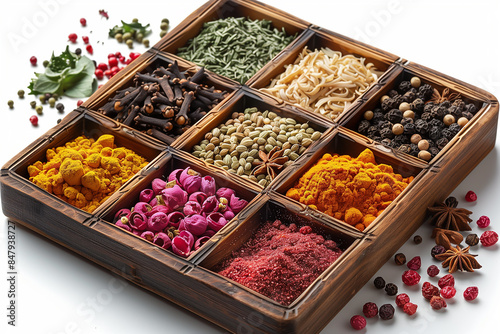 Set of natural spices isolated on a white background in a wooden organizer photo