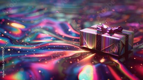 Vibrant, multicolored gift box on reflective, sparkly surface