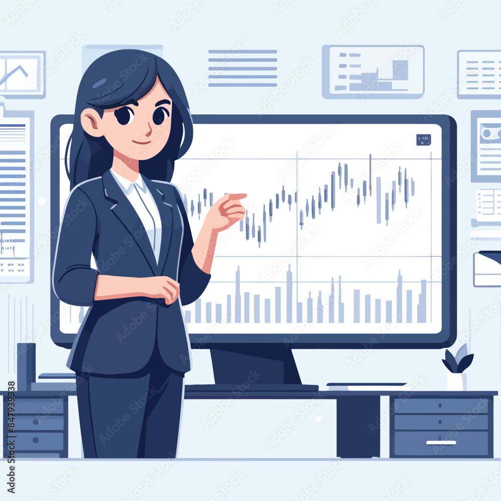 cartoon of a businesswoman monitoring stock market movement cartoon of a businesswoman monitoring stock market movement