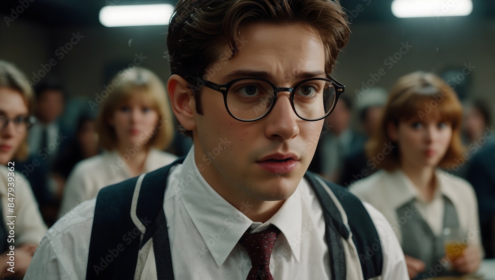 Obraz premium A scene where a clumsy protagonist accidentally breaks their glasses right before a crucial event ai-generated