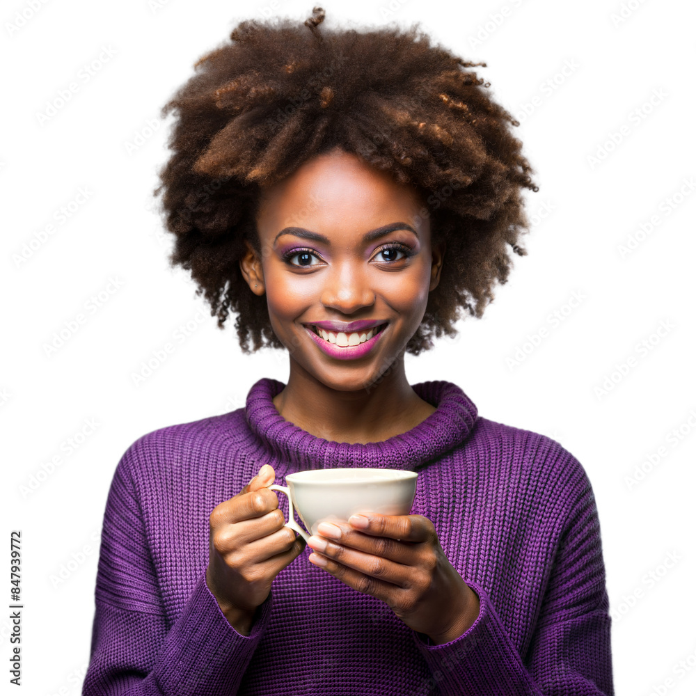 Smiling woman enjoying hot drink on transparent background Smiling woman enjoying hot drink on transparent background