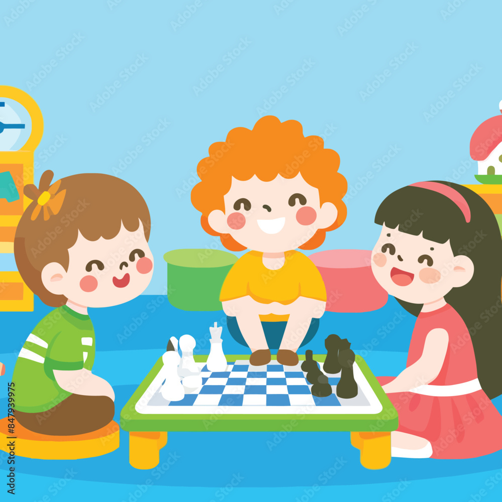 illustration of cute kids playing chess together illustration of cute kids playing chess together