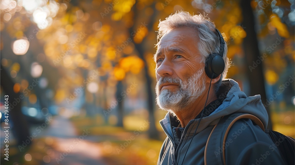 An elderly man smiling in a park surrounded by autumn leaves An elderly man smiling in a park surrounded by autumn leaves