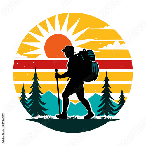 Vector t-shirt design. Black silhouette hiking vintage retro sunshine isolated on the background. Conceptual art, vibrant painting illustration.