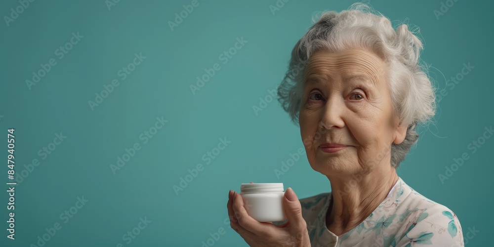 Senior woman with long gray hair holding a light blue cream jar, dressed in a light blue blouse, standing against a teal background. Senior woman with long gray hair holding a light blue cream jar, dressed in a light blue blouse, standing against a teal background.