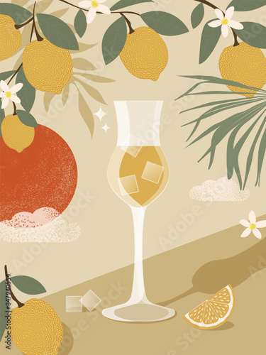 Lemon liqueur in a glass against the backdrop of the setting sun with lemons on the branches. Beach summer vibe with limoncello. Vector
