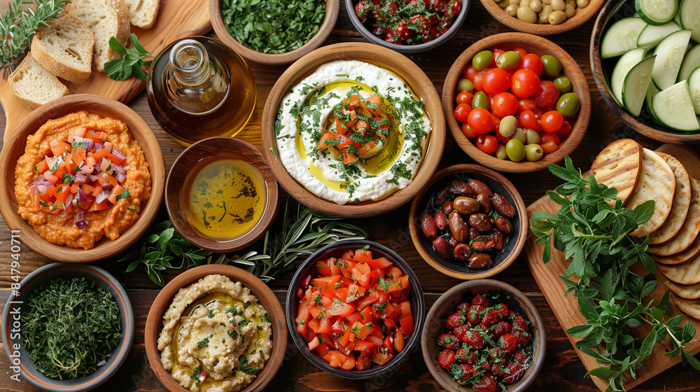 Mediterranean spread dishes like hummus, grilled vegetables, and bread, all featuring olive oil Mediterranean spread dishes like hummus, grilled vegetables, and bread, all featuring olive oil