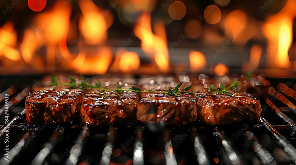 Close up view thick, juicy steak sizzling grill an open flame. The steak seasoned herbs spices Close up view thick, juicy steak sizzling grill an open flame. The steak seasoned herbs spices