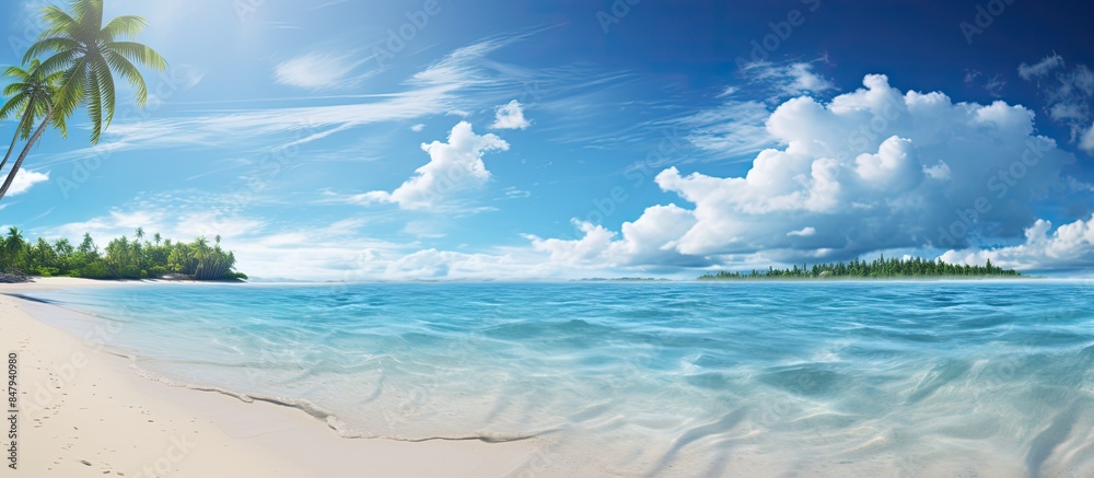 Obraz premium Sea sky rocks sandy beach beautiful clear water Sea water as far as the eye can see and beautiful nature ready for you to experience Come travel to the sea. Creative banner. Copyspace image
