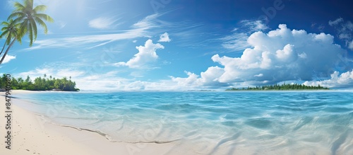 Sea sky rocks sandy beach beautiful clear water Sea water as far as the eye can see and beautiful nature ready for you to experience Come travel to the sea. Creative banner. Copyspace image