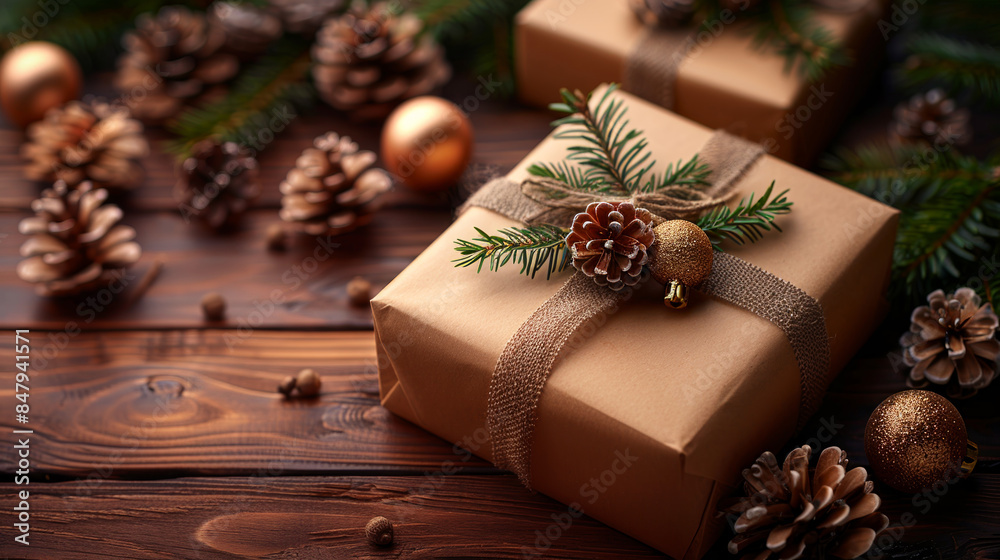 Holiday gifts wrapped in brown paper and decorated with pine cones, evergreen sprigs gold ornaments Holiday gifts wrapped in brown paper and decorated with pine cones, evergreen sprigs gold ornaments
