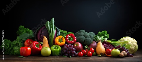 Fototapeta Naklejka Na Ścianę i Meble -  fresh fruits and vegetables black background. Creative banner. Copyspace image