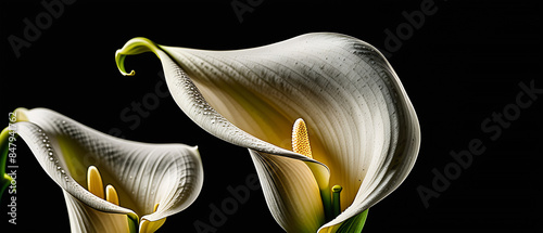White calla lily flowers on black background, death lily flower condolence card, funeral concept image.