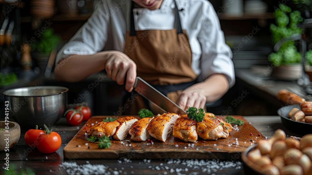 Female chef cuts chicken with a knife on a cutting board, restaurant, kitchen, close-up Female chef cuts chicken with a knife on a cutting board, restaurant, kitchen, close-up