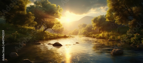 The sun glitters on the river. Creative banner. Copyspace image © HN Works