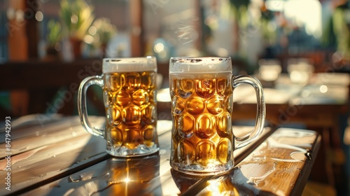 Two mugs of beer on a wooden table against the background of an outdoor cafe.An alcoholic drink at a party, vacation or birthday party.