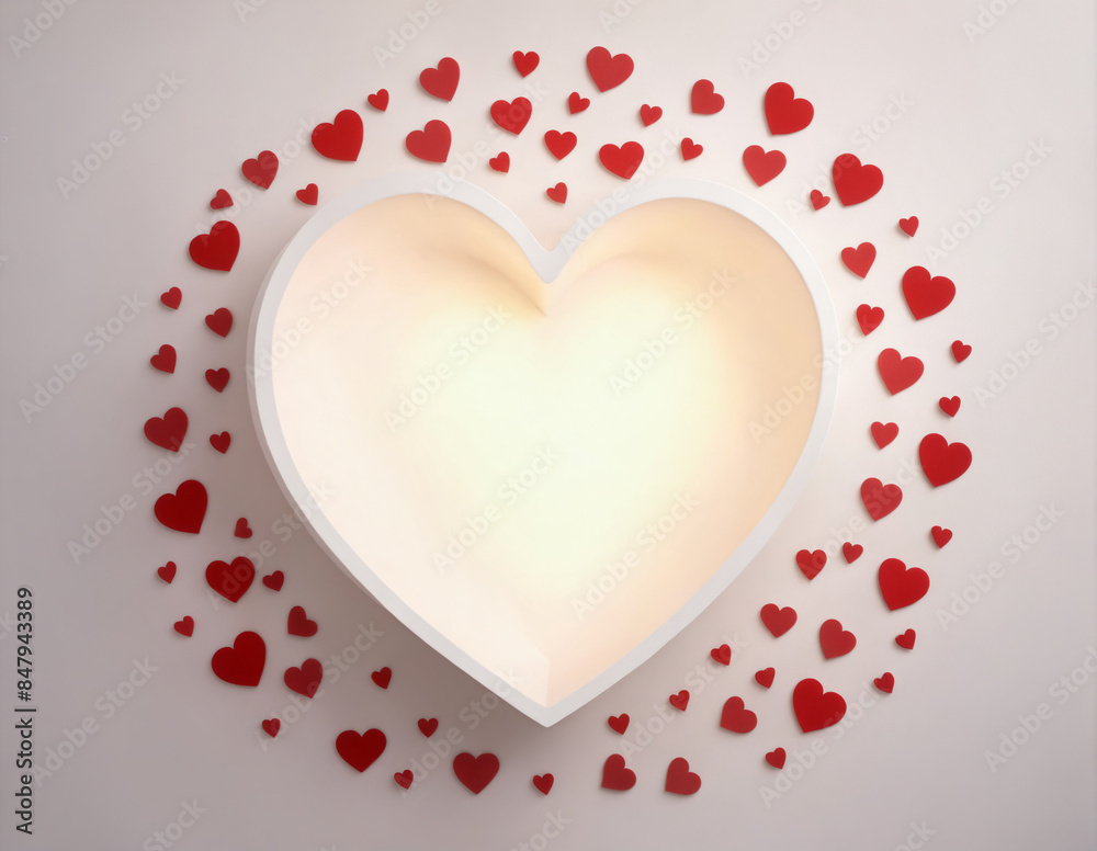 White heart shape surrounded by red hearts on white background.Valentine's Day, holiday, wedding, engagement. White heart shape surrounded by red hearts on white background.Valentine's Day, holiday, wedding, engagement.