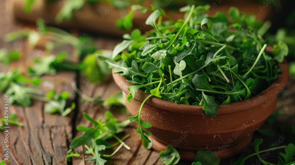 Nutrient rich microgreen arugula scattered on a wooden table in a clay cup emphasizing healthy eating and snacks