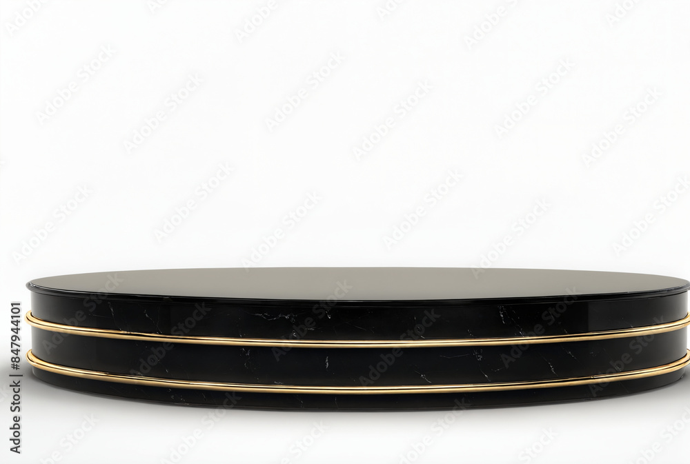 Black marble and gold trim round pedestal on white background Black marble and gold trim round pedestal on white background