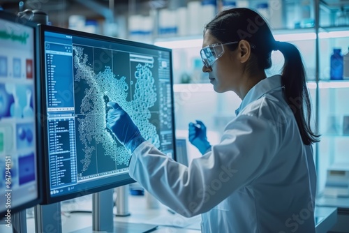 female scientist researcher in a innovative modern laboratory wearing lab white coats doing medical research looking at blue screen on digital obtained data