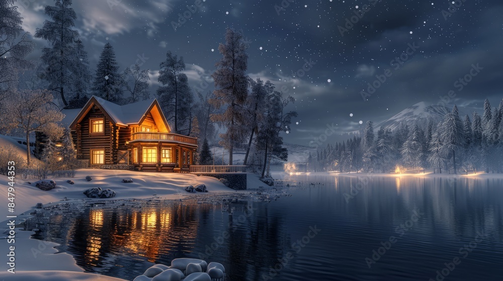 Fototapeta premium Cozy wooden cabin by a snowy lake at night