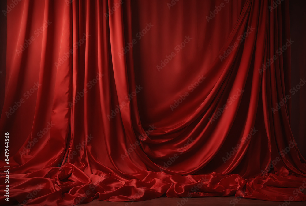 Red velvet curtains draped in dramatic fashion Red velvet curtains draped in dramatic fashion