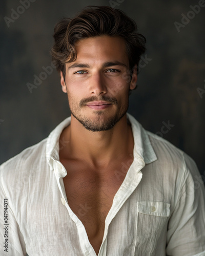 Confident Young Man in White Shirt with Relaxed Expression, Dark Background
