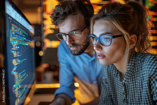 Young Couple Working Late on a Computer at Night