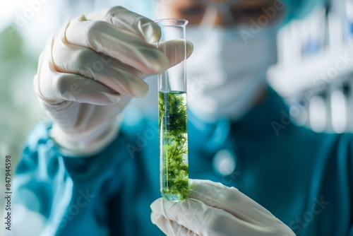 lab scientist worker holding a glass test tube with green algae seaweed photo