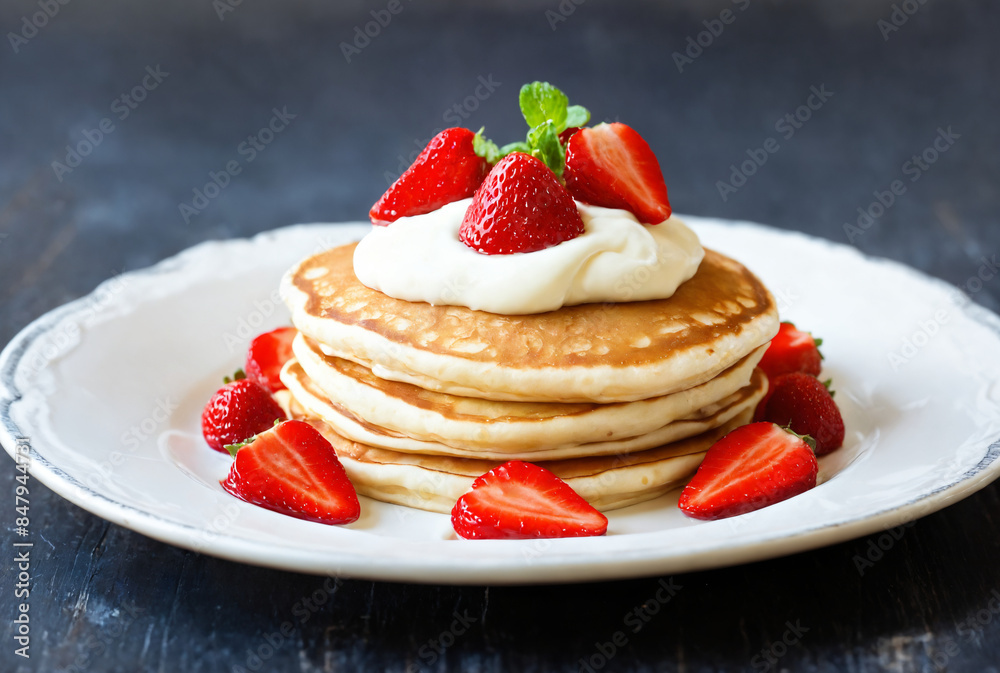Freshly made stack of pancakes with whipped cream and strawberries Freshly made stack of pancakes with whipped cream and strawberries