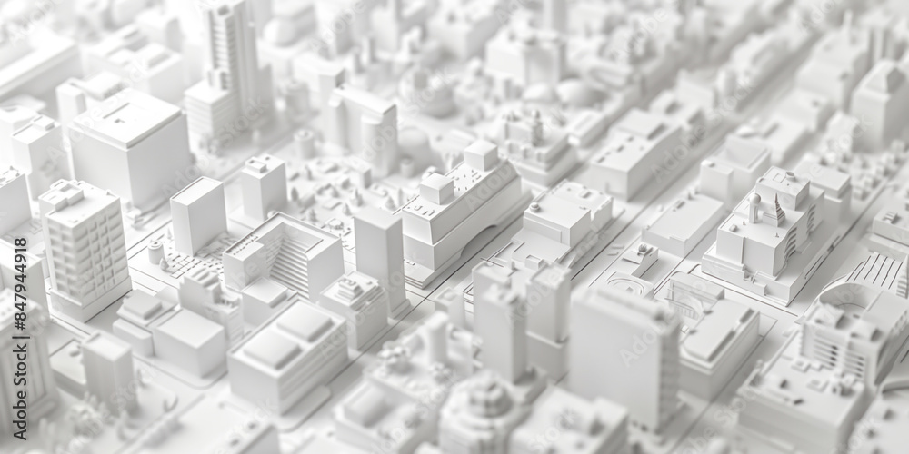 Birds Eye view of a modern city. Urban concept. White clay 3D rendering.  Created with Generative AI technology.