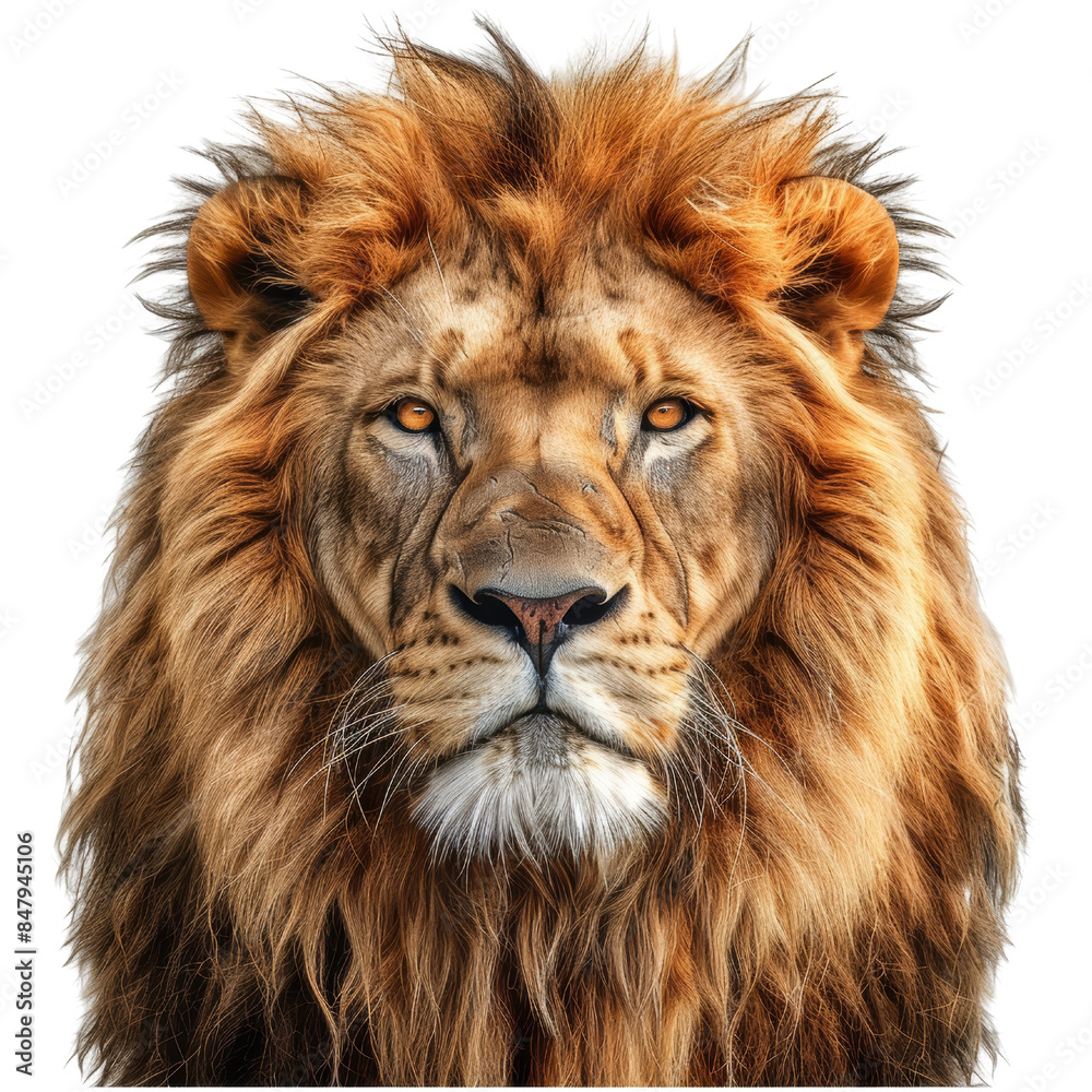 A majestic lion with a thick mane stares intensely at the camera. His golden eyes hold a powerful gaze. A majestic lion with a thick mane stares intensely at the camera. His golden eyes hold a powerful gaze.