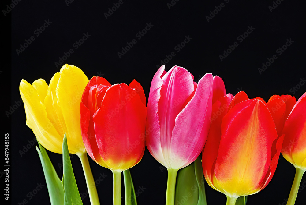 Naklejka premium Colorful tulips against a black background